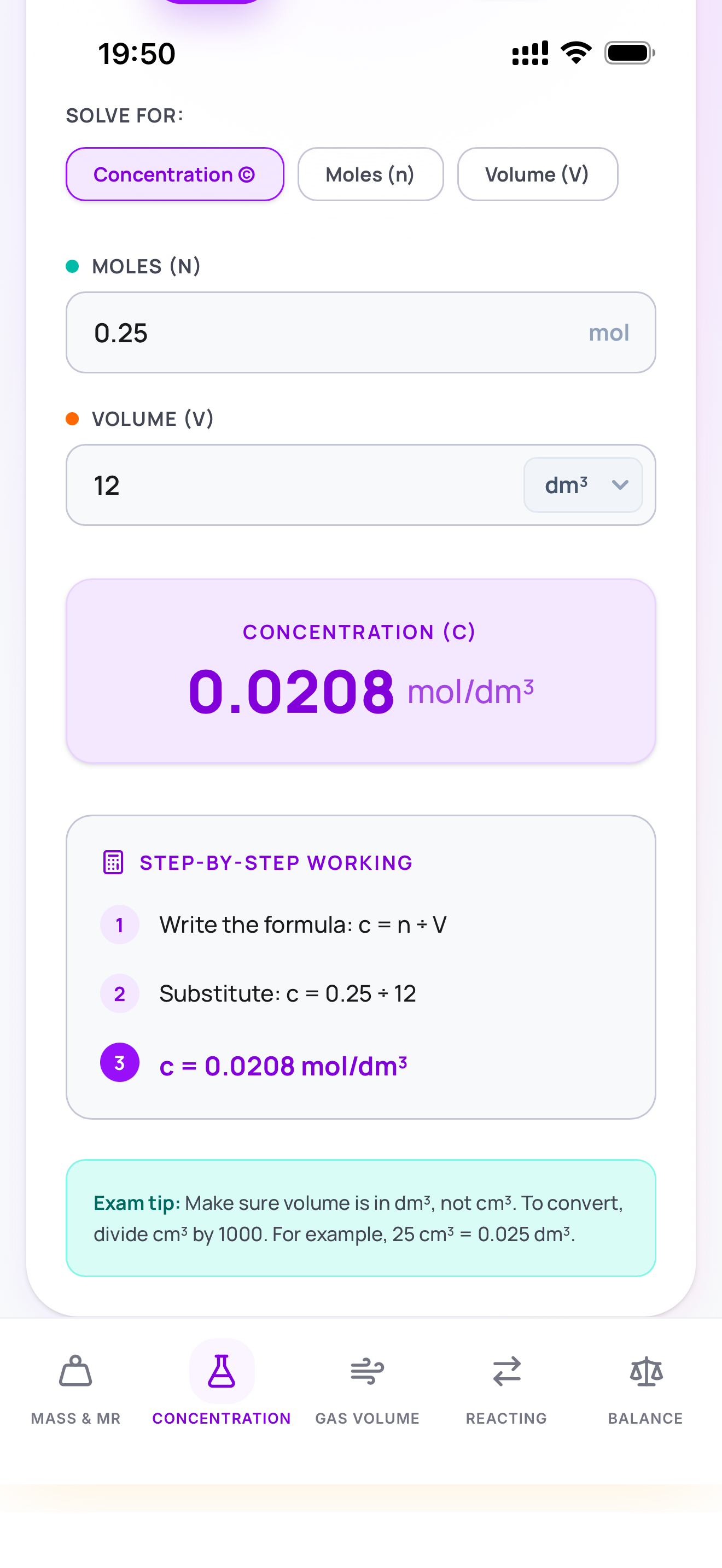 ChemCalc Concentration calculator showing solved result of 0.0208 mol per dm cubed with full step-by-step working