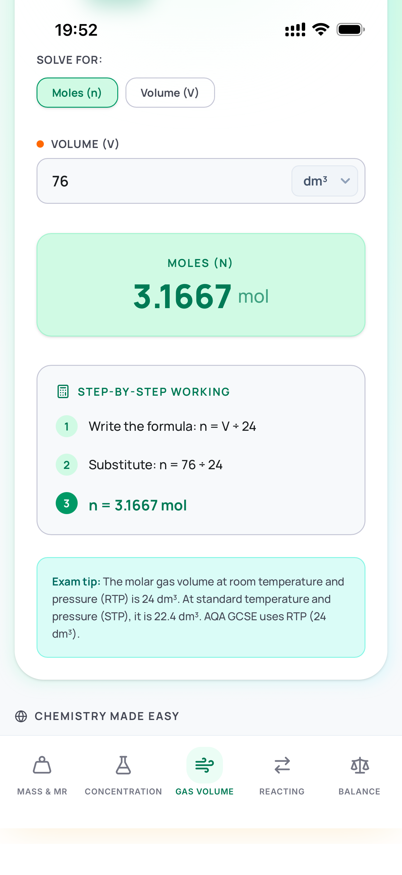 ChemCalc Gas Volume calculator showing moles result of 3.1667 mol with step-by-step working and exam tip about RTP and STP