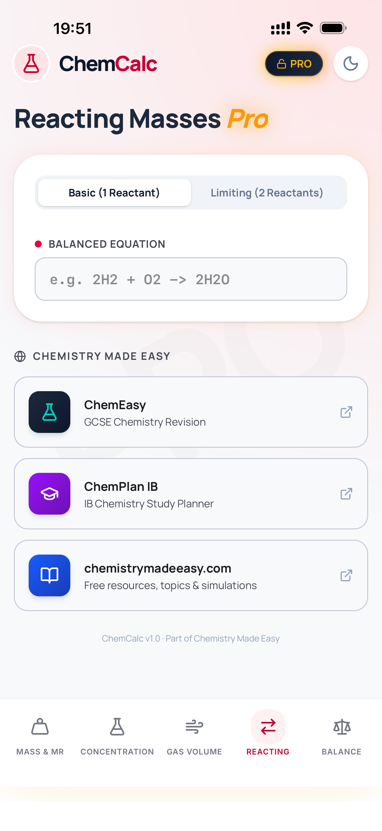 ChemCalc Reacting Masses Pro mode with equation input, balanced equation, and limiting reactant toggle
