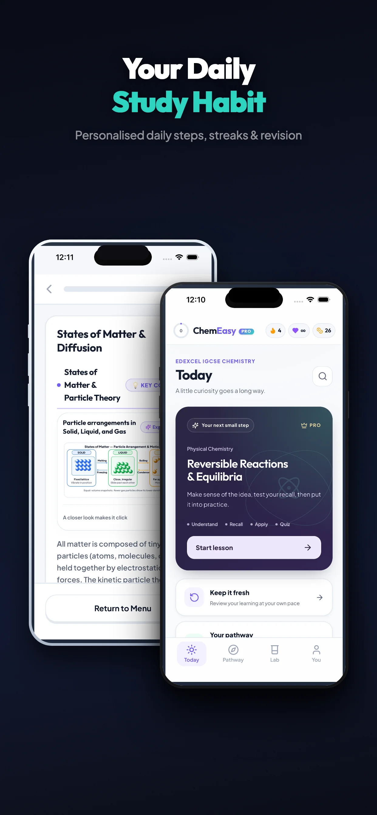 ChemEasy Daily Study Habit showcase featuring Today screen and Lesson Hub side-by-side on iOS