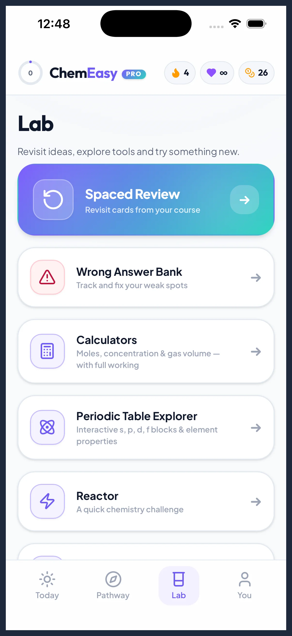 ChemEasy lab tools showing spaced review, wrong answer bank, calculators, and periodic table