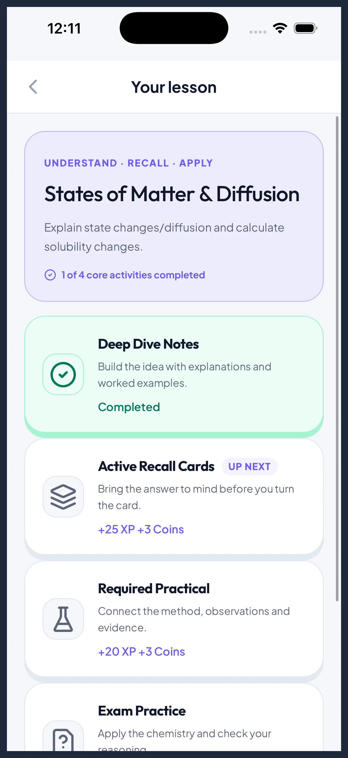 ChemEasy 4-step lesson hub showing Understand, Recall, Apply, and Quiz structure
