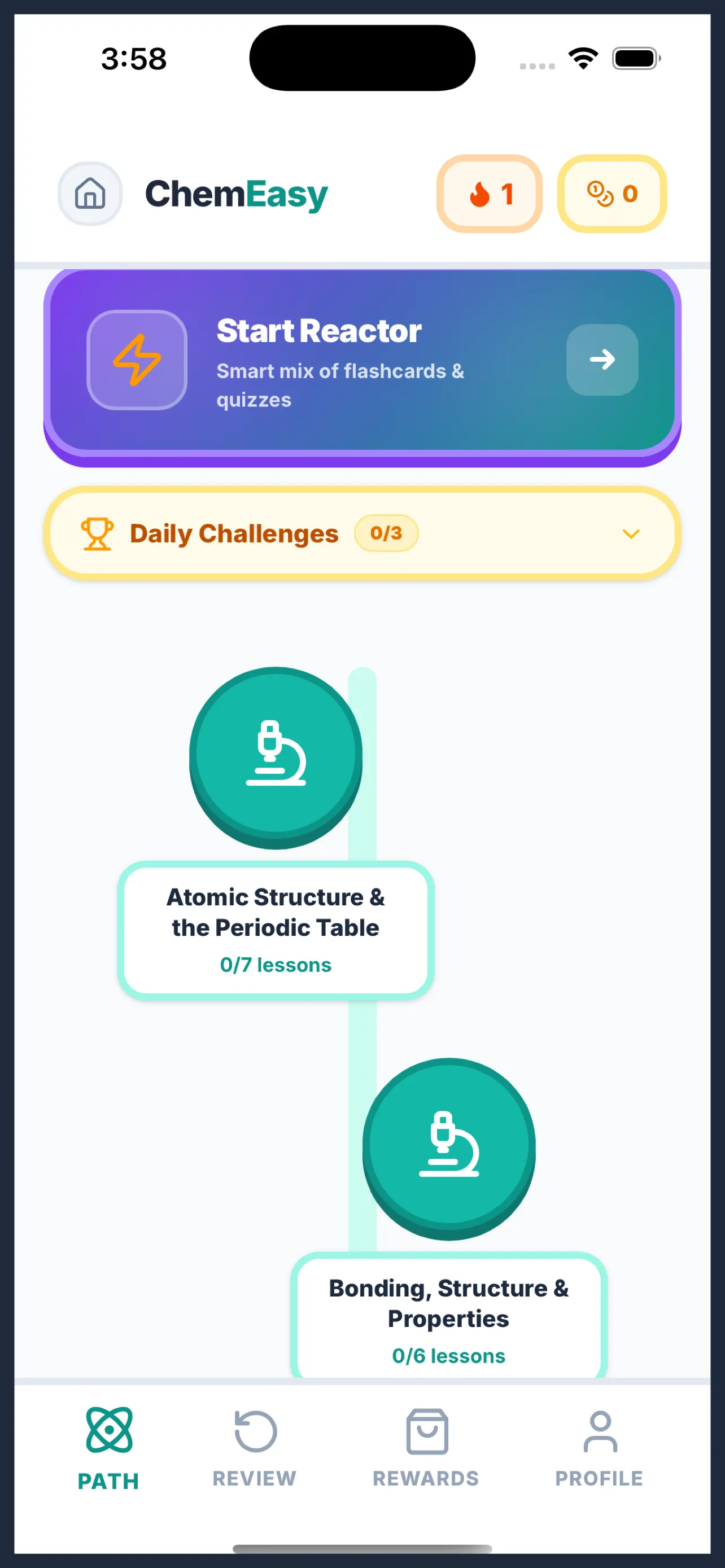 ChemEasy learning path showing AQA GCSE topics with streaks, XP, daily challenges, and topic progression nodes