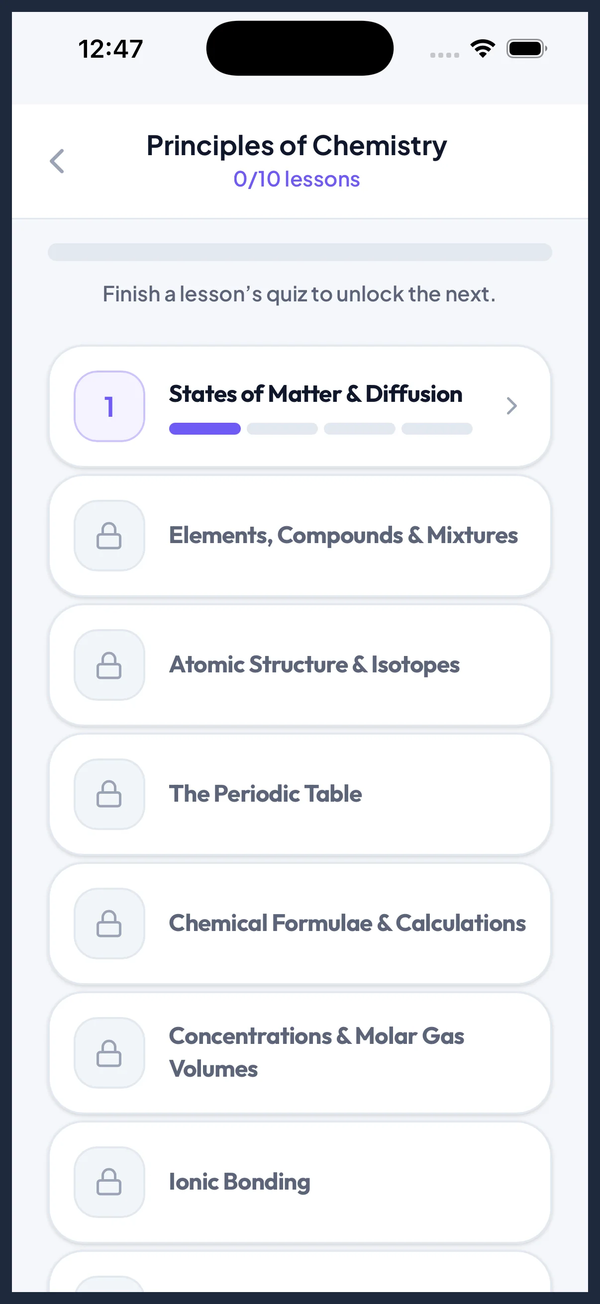 ChemEasy syllabus pathway showing vertical topic progression and unlock path