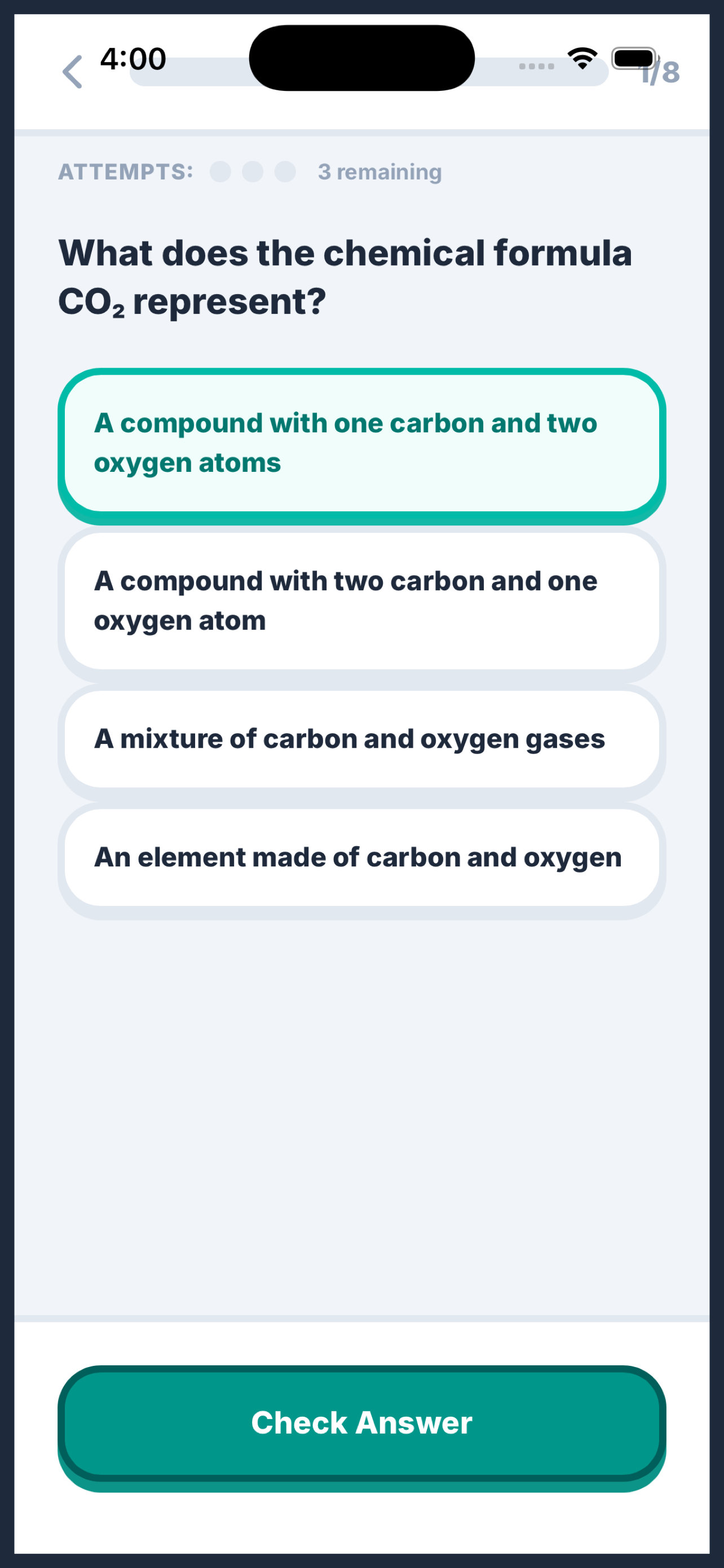 ChemEasy quiz mode with multiple choice question about CO2, showing 3 attempts remaining
