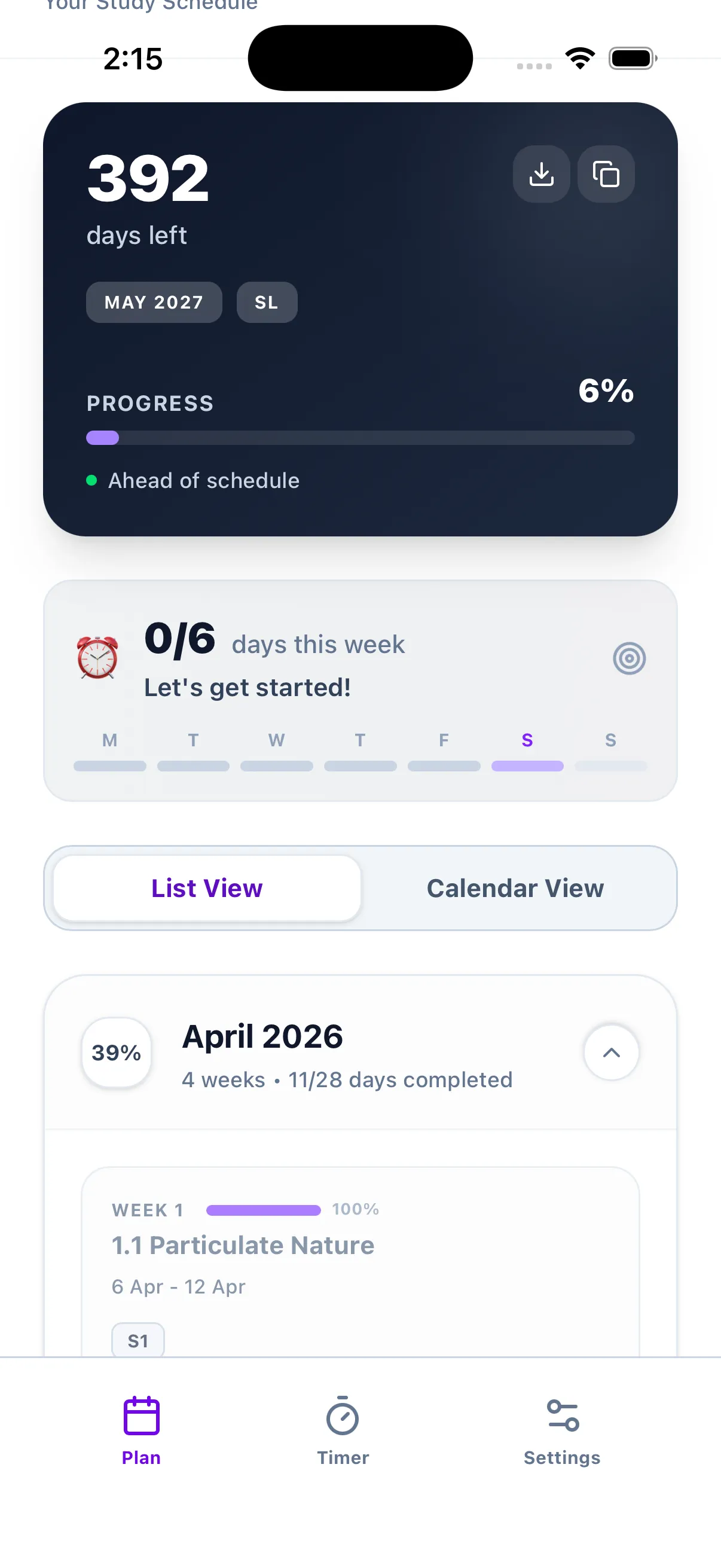 ChemPlan dashboard in light mode showing the same study plan and progress tracking