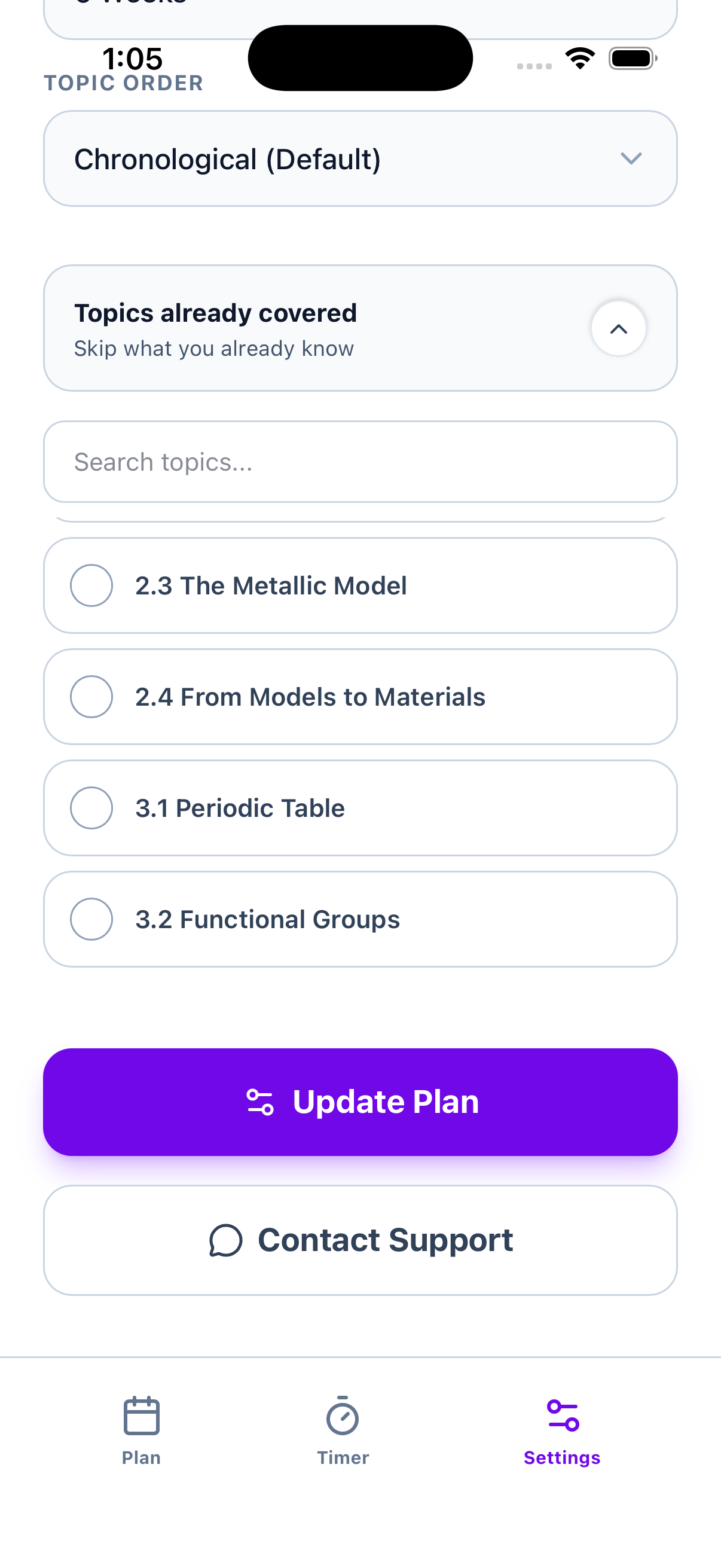 ChemPlan settings screen showing topic checklist with search and Update Plan button