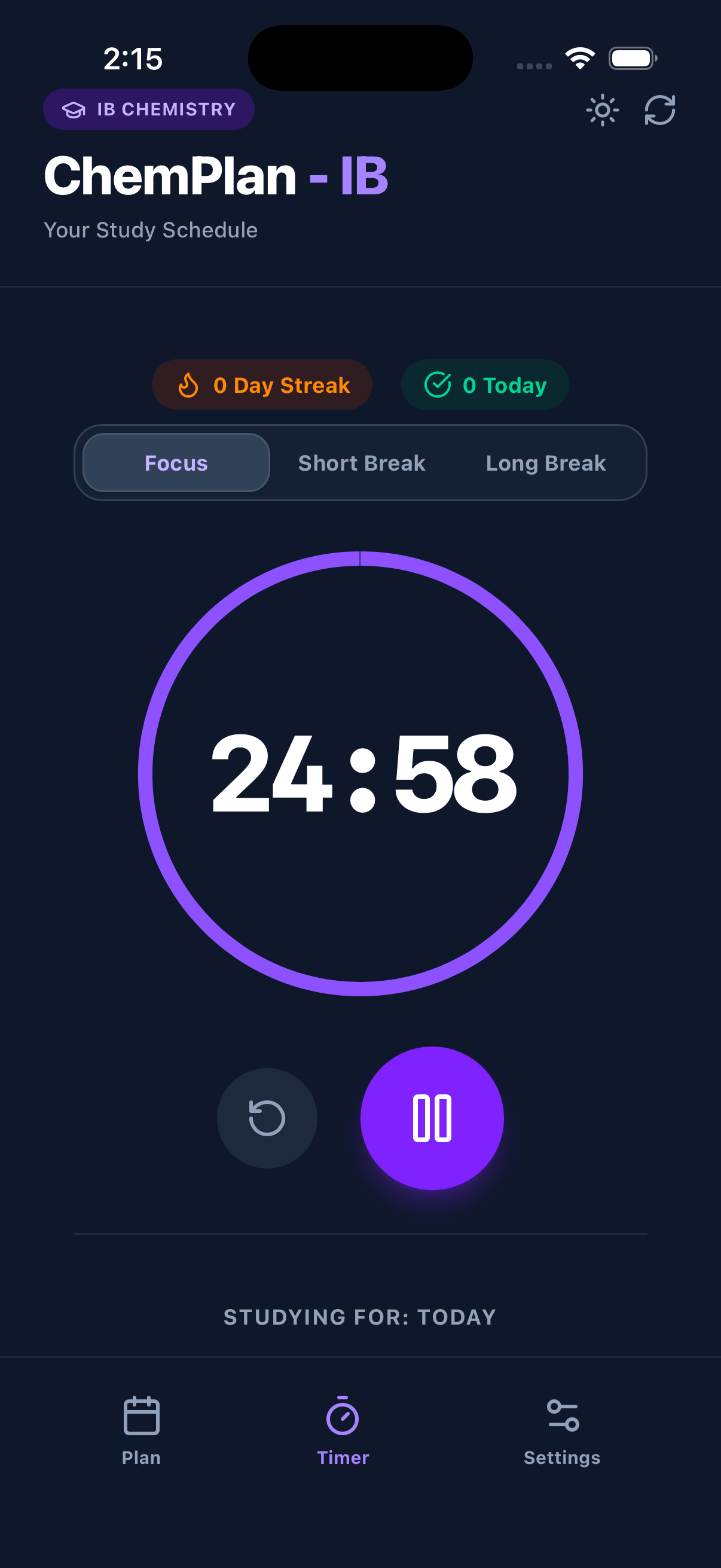 ChemPlan IB Pomodoro focus timer showing 24:58 countdown with Focus, Short Break, and Long Break modes