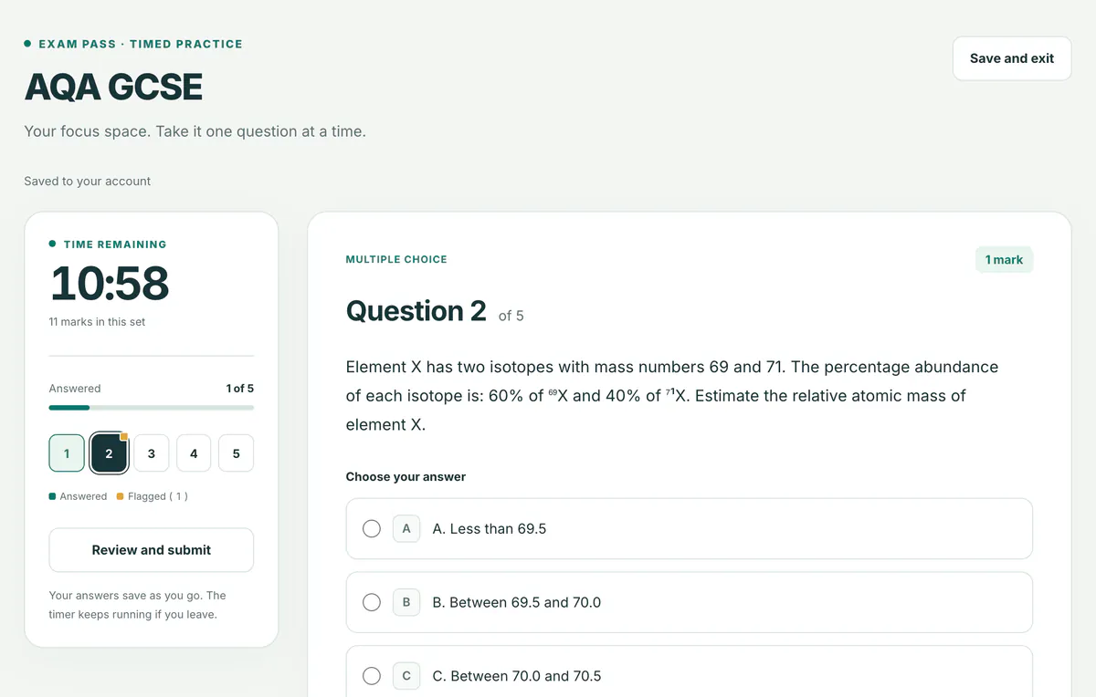 Example: timed practice with a countdown clock, question 2 of 5 and a question flagged for review.