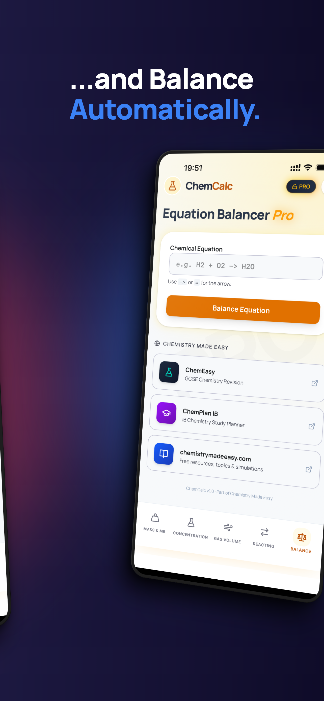 ChemCalc Equation Balancer Pro showing an equation input field, a Balance Equation button, and links to the Chemistry Made Easy ecosystem including ChemEasy, ChemPlan IB, and the website