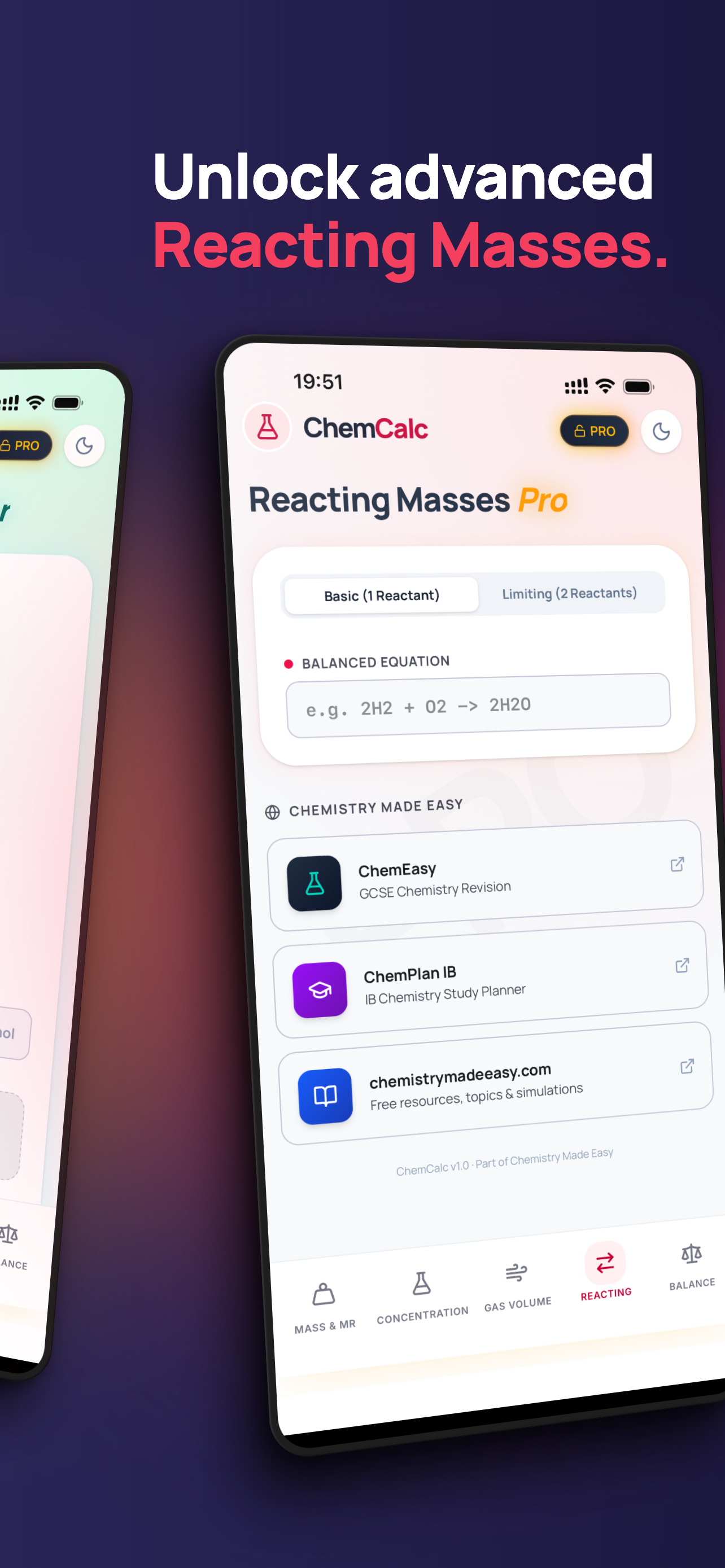 ChemCalc Reacting Masses Pro calculator with a toggle between Basic with one reactant and Limiting with two reactants, featuring a balanced equation input and links to ChemEasy and ChemPlan IB
