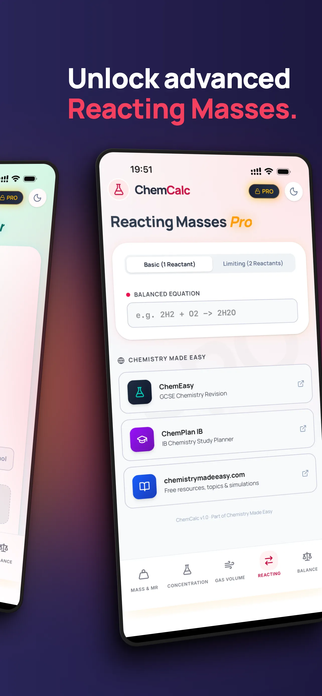 ChemCalc Reacting Masses Pro calculator with a toggle between Basic with one reactant and Limiting with two reactants, featuring a balanced equation input and links to ChemEasy and ChemPlan IB