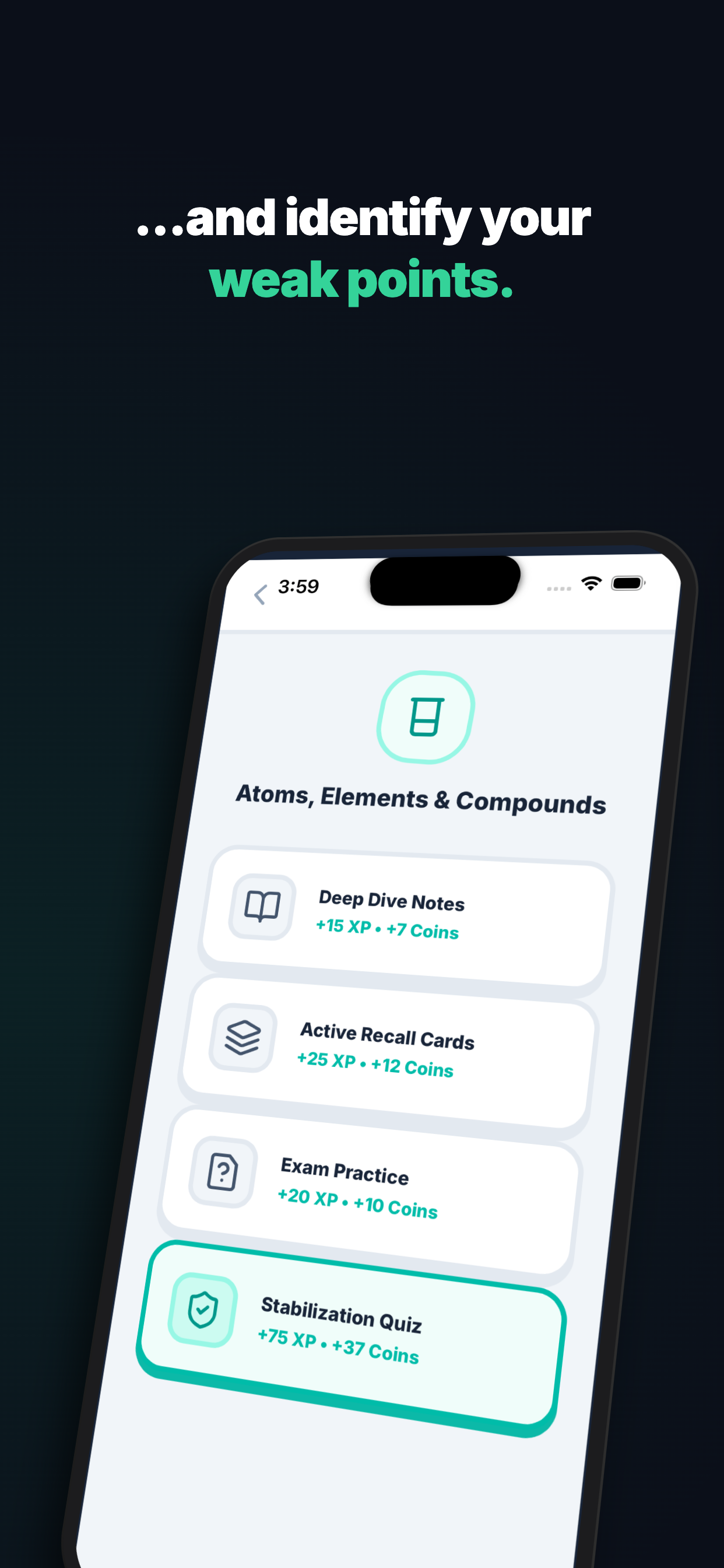 The lesson hub showing Deep Dive Notes, Active Recall Cards, Exam Practice, and Stabilisation Quiz, each awarding XP and coins