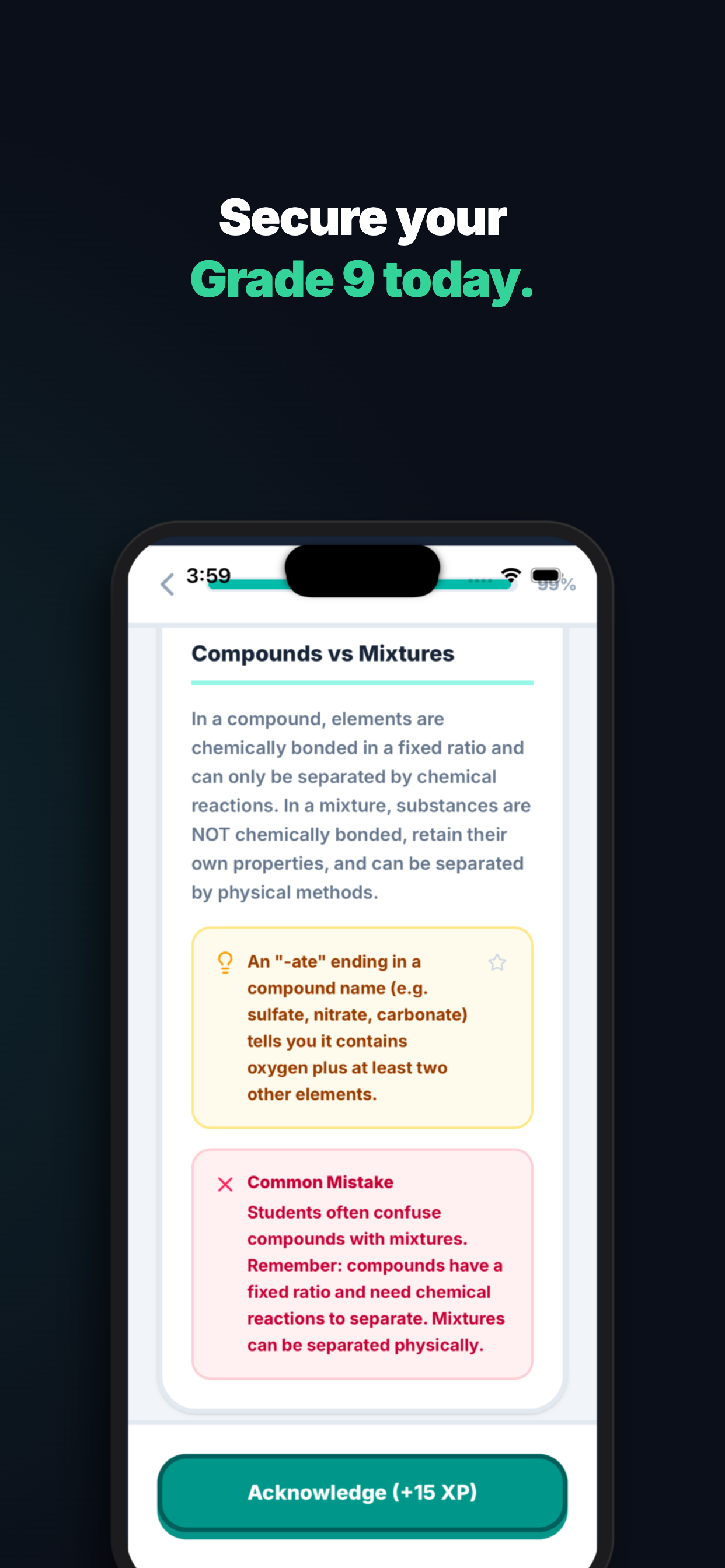 Bite-size revision notes showing Compounds vs Mixtures, with an exam tip callout and a common mistake warning