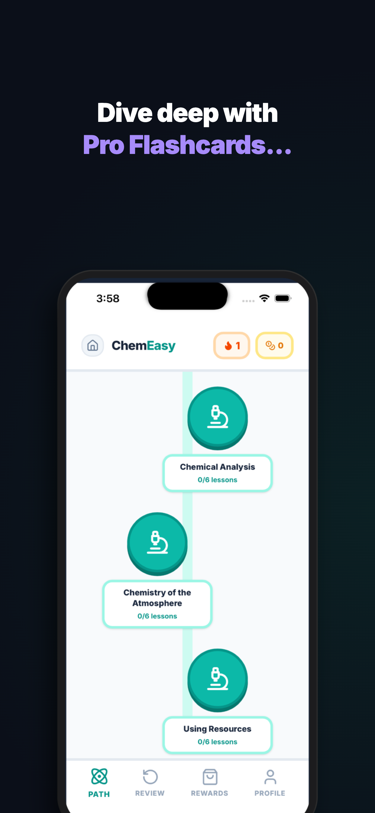The learning path view showing Pro Flashcards unlockable content with curriculum nodes for Chemical Analysis, Chemistry of the Atmosphere, and Using Resources