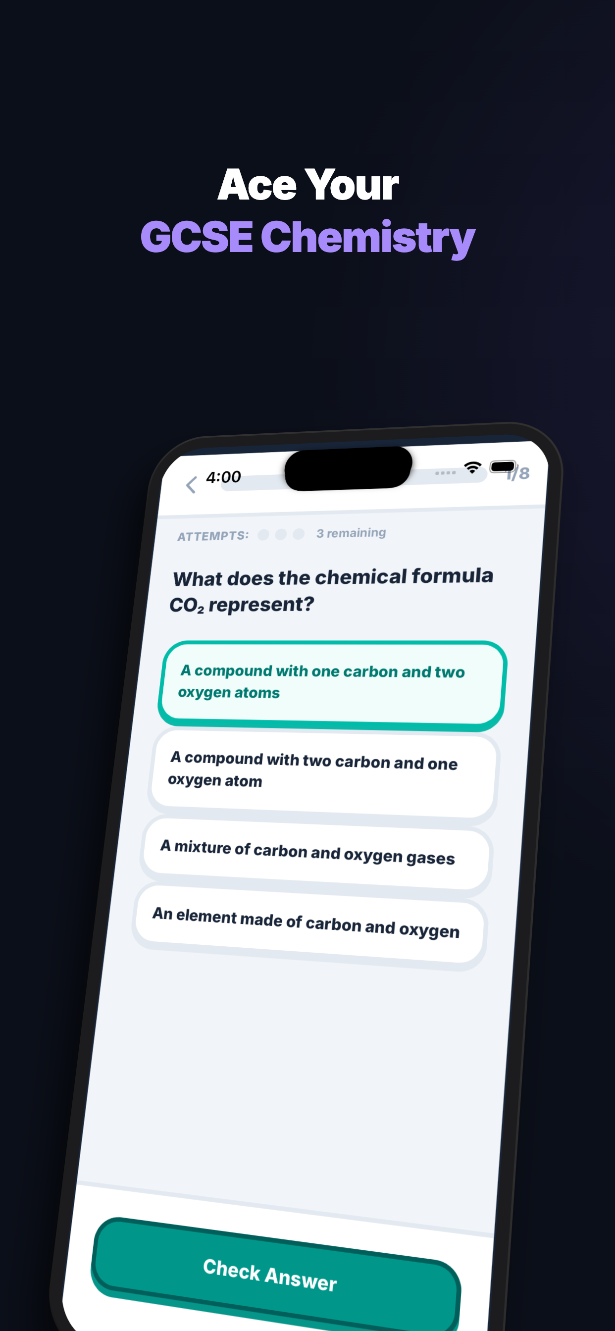 A multiple choice quiz question asking about the chemical formula CO2, with four answer options and a Check Answer button